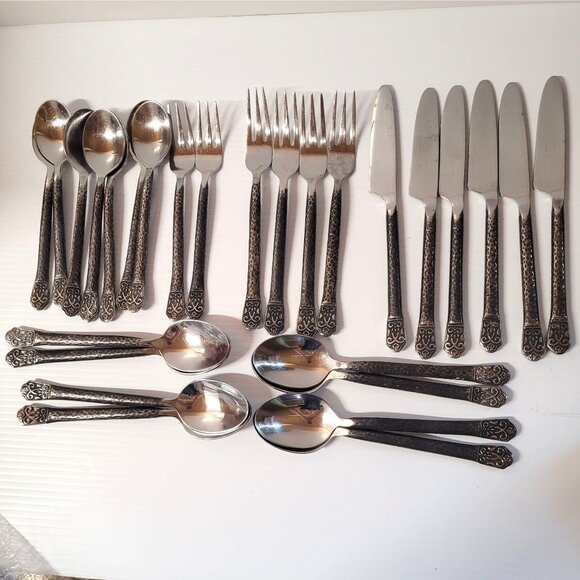 Flatware Gourmet Settings 27 Pc Avalon Barcelona 18/10 Stainless Black Hammered - Picture 2 of 9